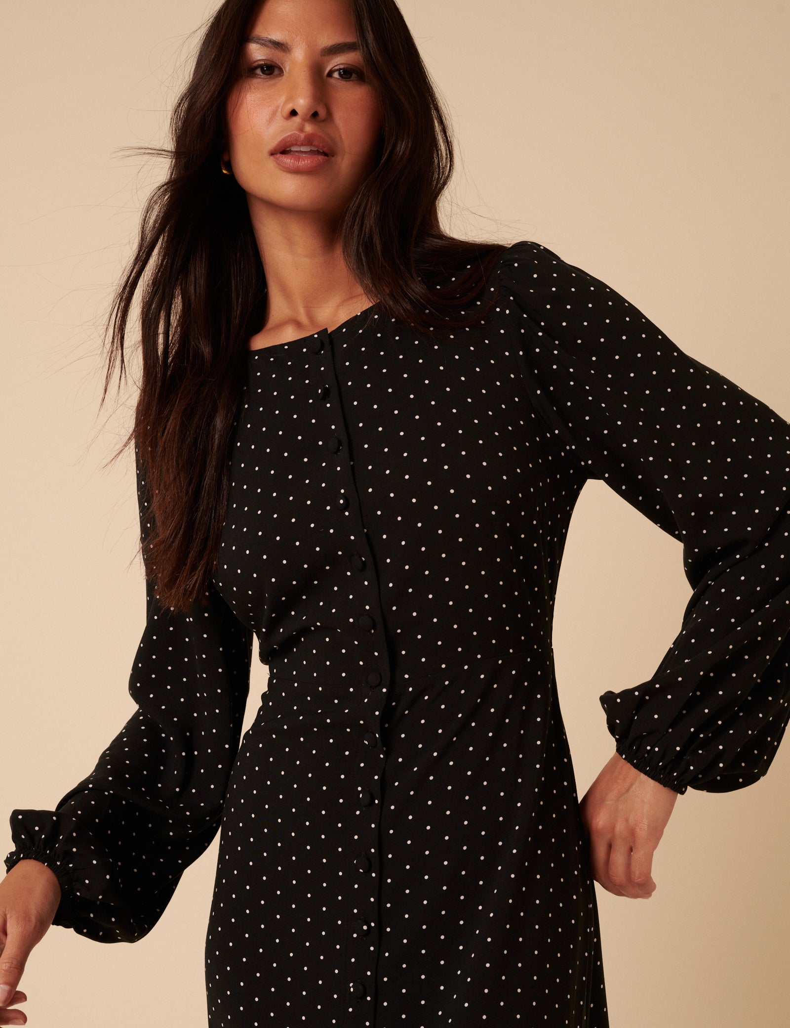 Black Polka Dot Balloon Sleeve Amara Midi Dress Black Polka Dot Balloon Sleeve Amara Midi Dress