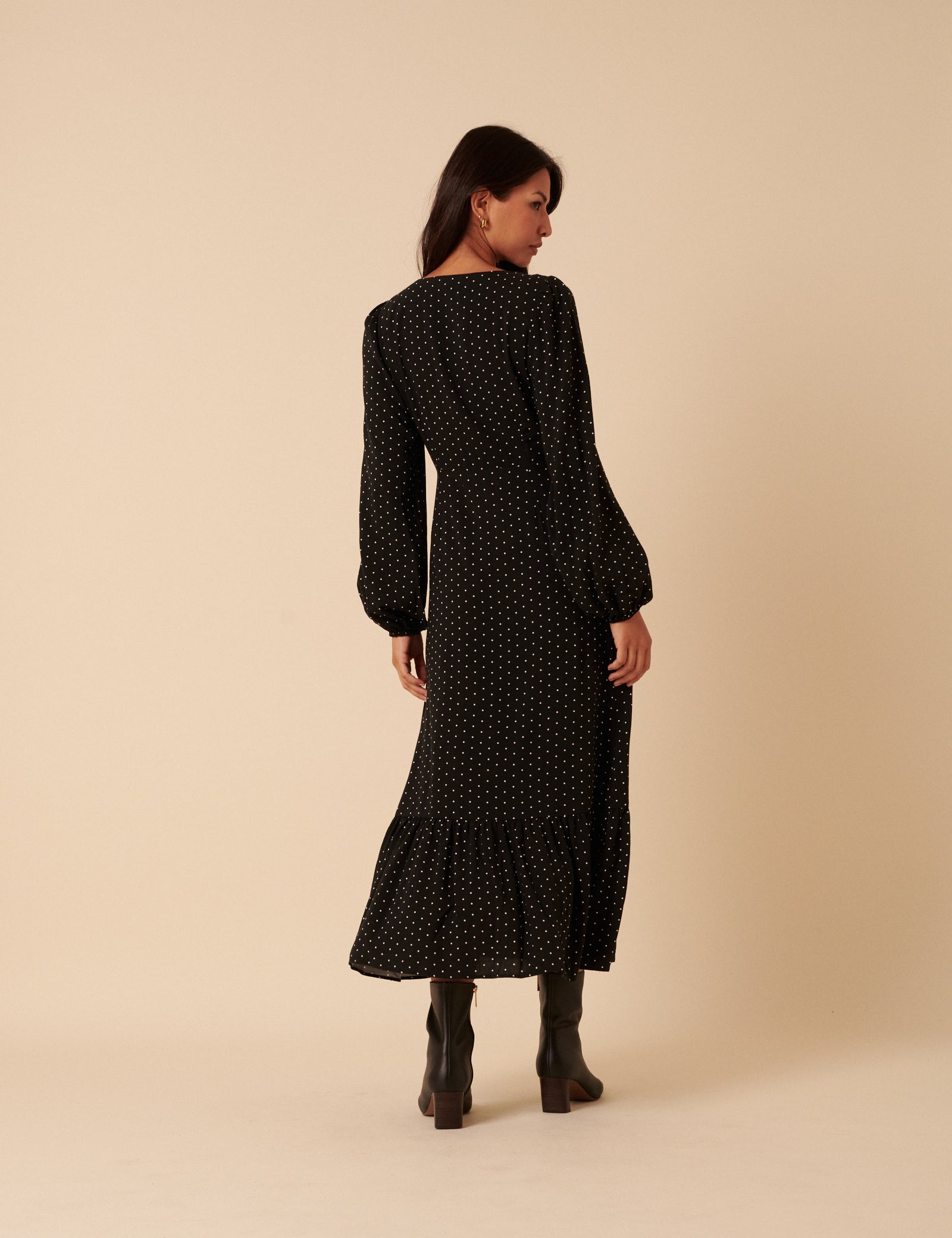 Black Polka Dot Balloon Sleeve Amara Midi Dress Black Polka Dot Balloon Sleeve Amara Midi Dress