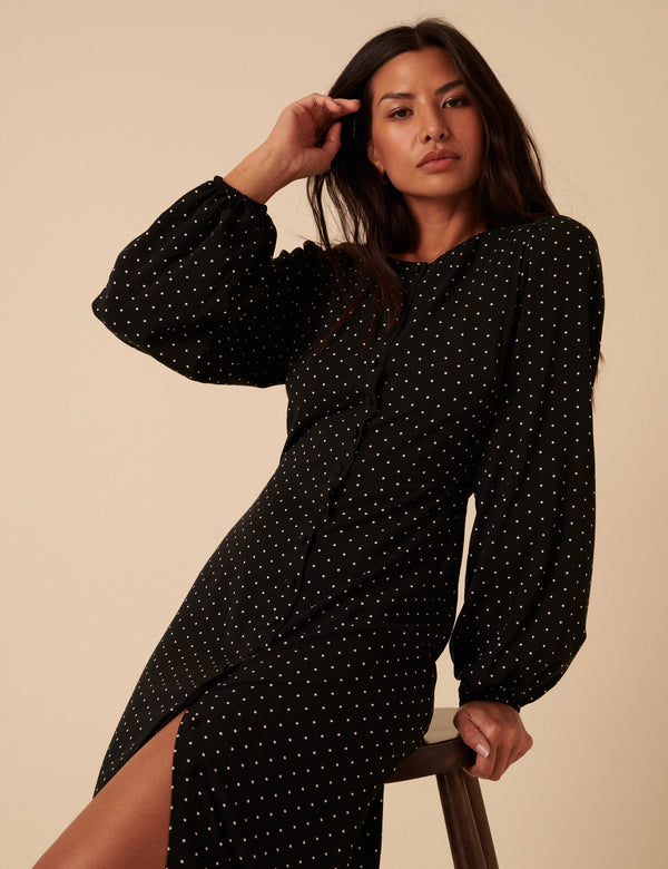 Black Polka Dot Balloon Sleeve Amara Midi Dress
