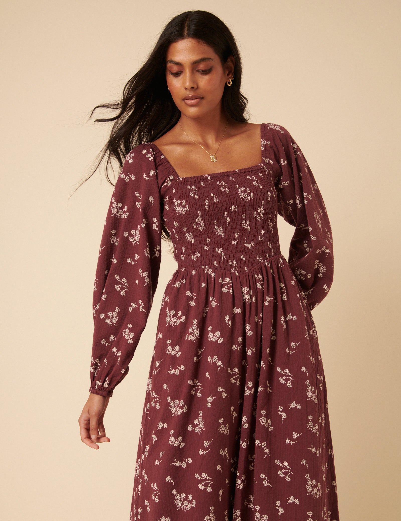Burgundy Floral Printed Long sleeve Imogen Midi Dress