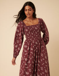 Burgundy Floral Printed Long sleeve Imogen Midi Dress