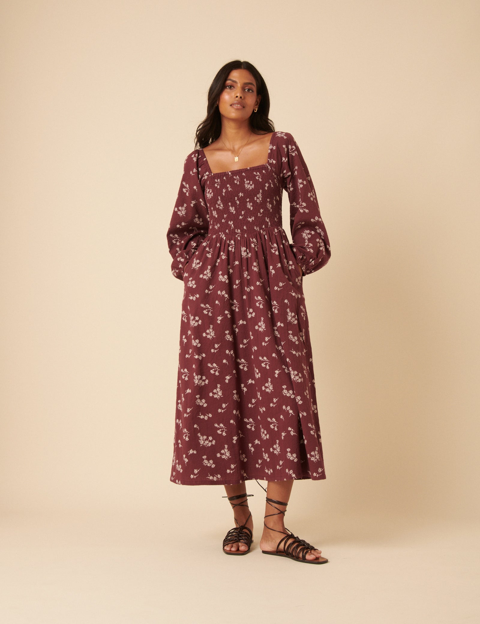 Burgundy Floral Printed Long sleeve Imogen Midi Dress Burgundy Floral Printed Long sleeve Imogen Midi Dress