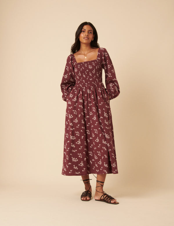 Burgundy Floral Printed Long sleeve Imogen Midi Dress