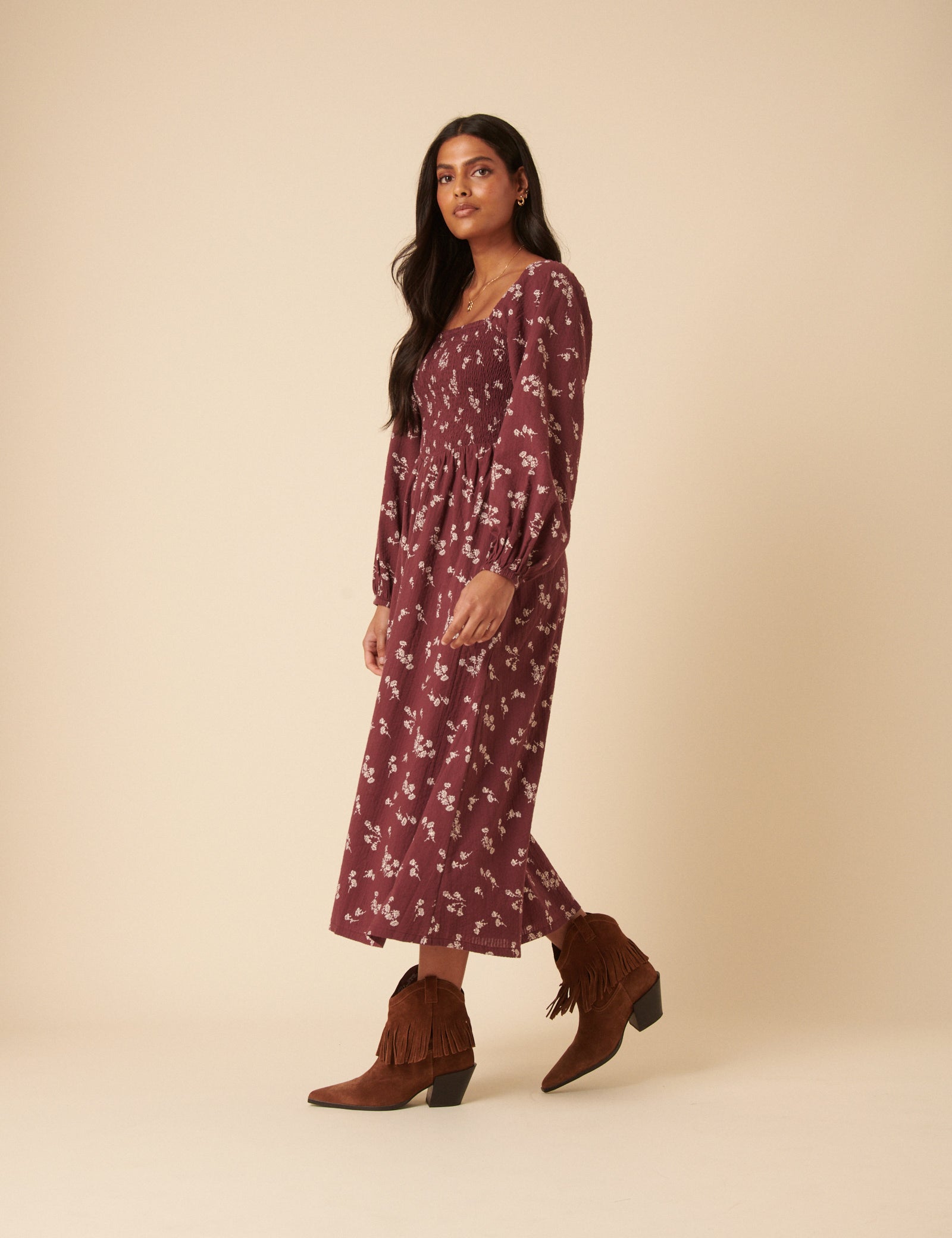 Burgundy Floral Printed Long sleeve Imogen Midi Dress Burgundy Floral Printed Long sleeve Imogen Midi Dress