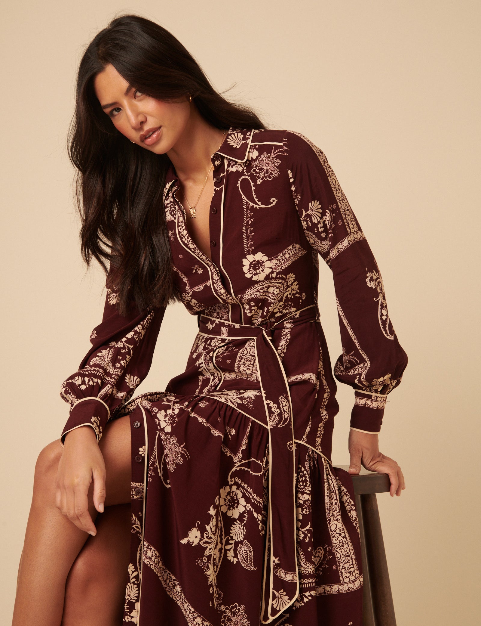 Burgundy Printed Brooklyn Midi Shirt Dress Burgundy Printed Brooklyn Midi Shirt Dress