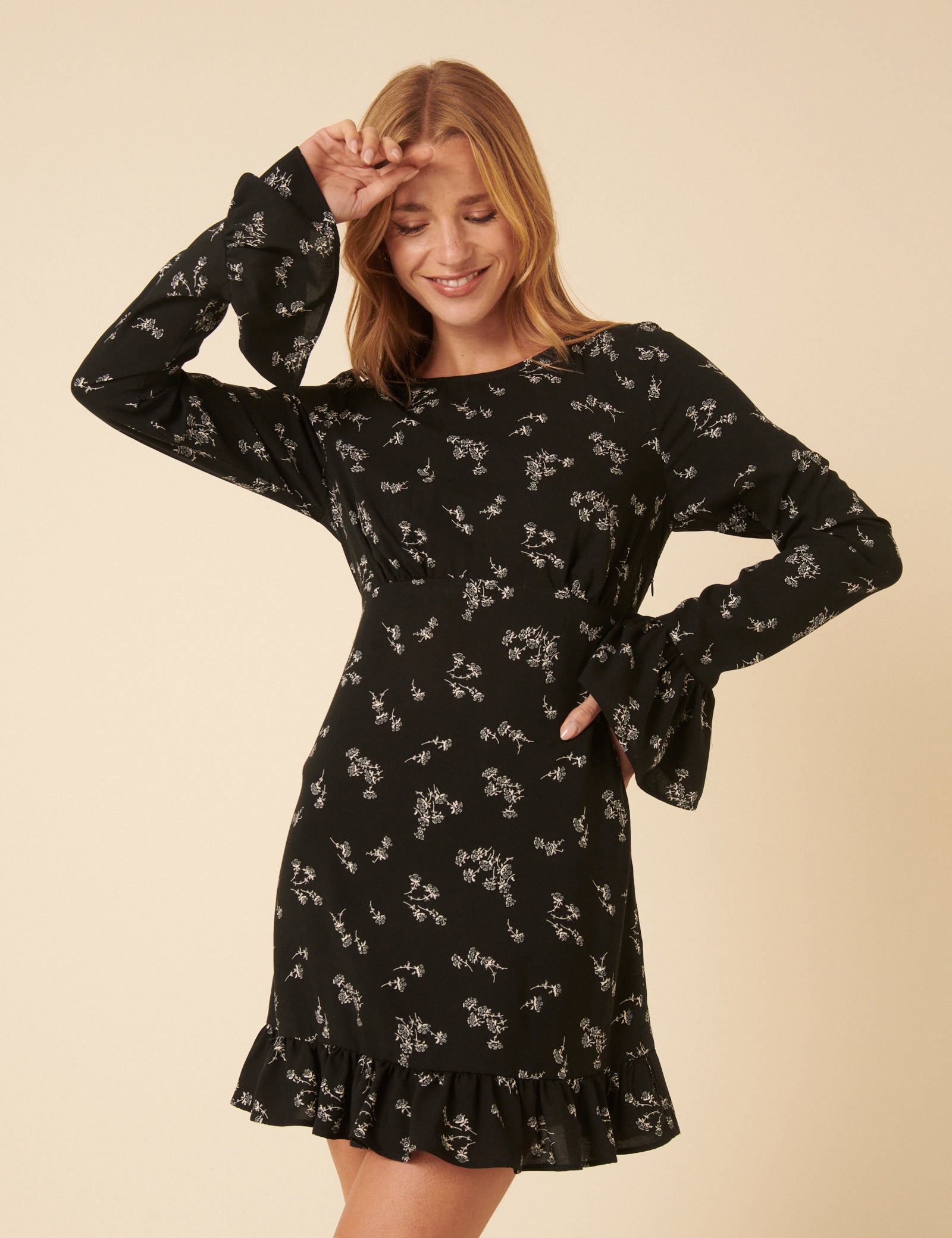 Black Floral Flute Sleeve Bella Mini Dress Black Floral Flute Sleeve Bella Mini Dress