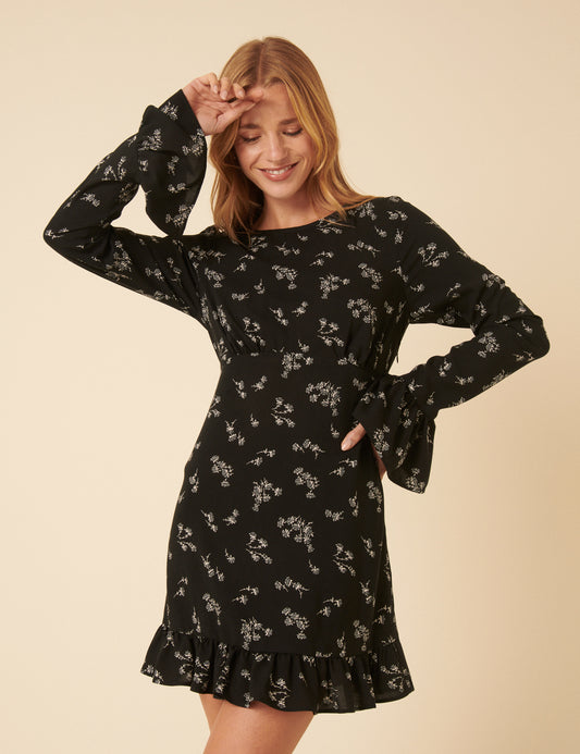 flute sleeve mini dress Black Floral Flute Sleeve Bella Mini Dress