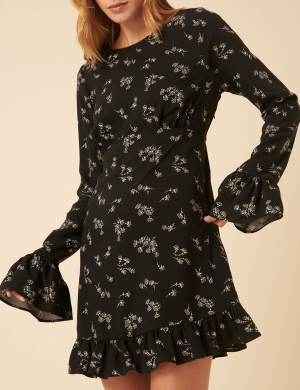 Black Floral Flute Sleeve Bella Mini Dress