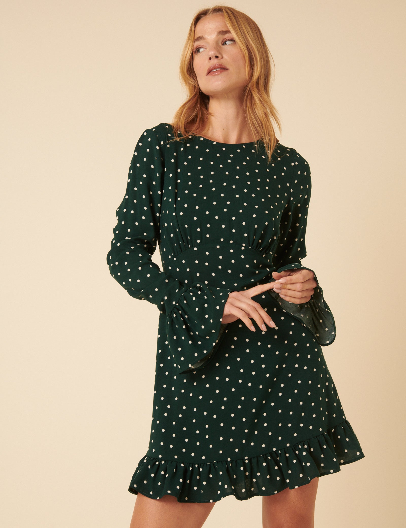 Green Polka Dot Flute Sleeve Mini Dress Green Polka Dot Flute Sleeve Mini Dress
