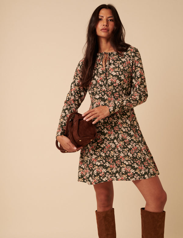 Green Ditsy Floral Long Sleeve Tessa Mini Dress