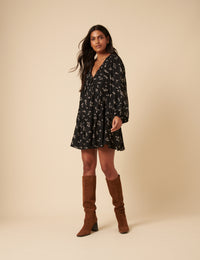 Black Printed Long Sleeve Marley Mini Dress
