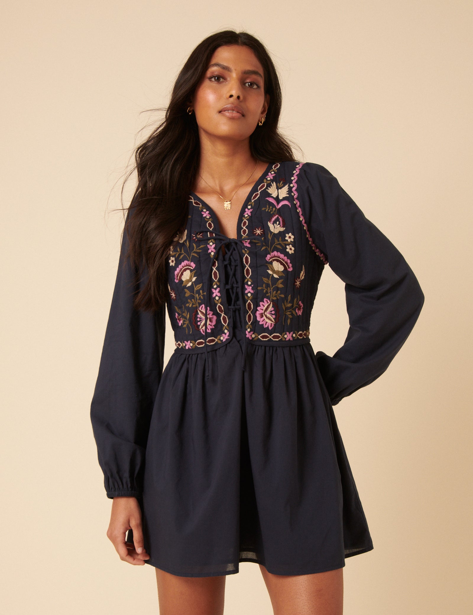 Navy Paisley Embroidered Monroe Mini Dress Navy Paisley Embroidered Monroe Mini Dress