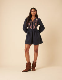 Navy Paisley Embroidered Monroe Mini Dress