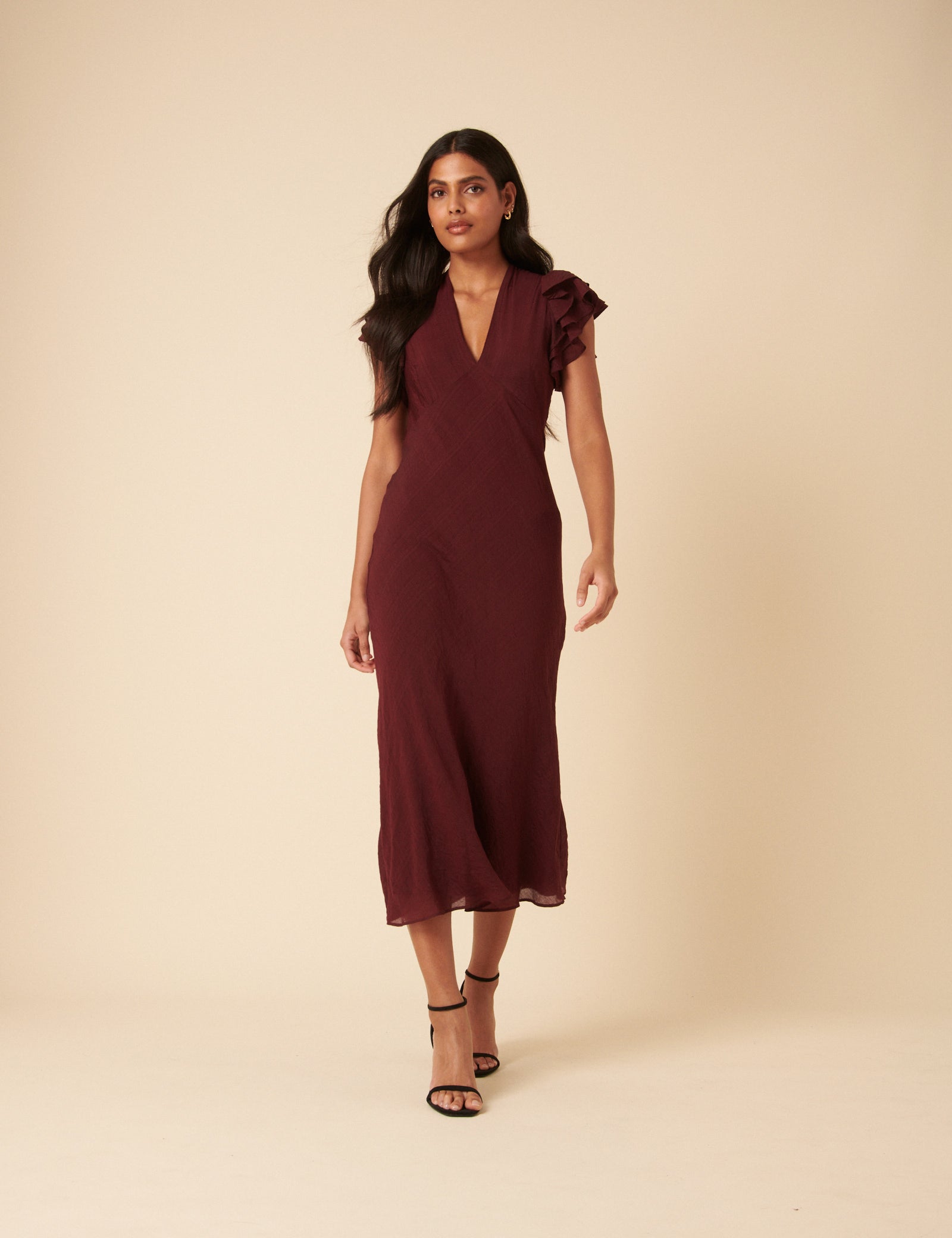 Burgundy Frill Sleeve Layla Midi Dress Burgundy Frill Sleeve Layla Midi Dress