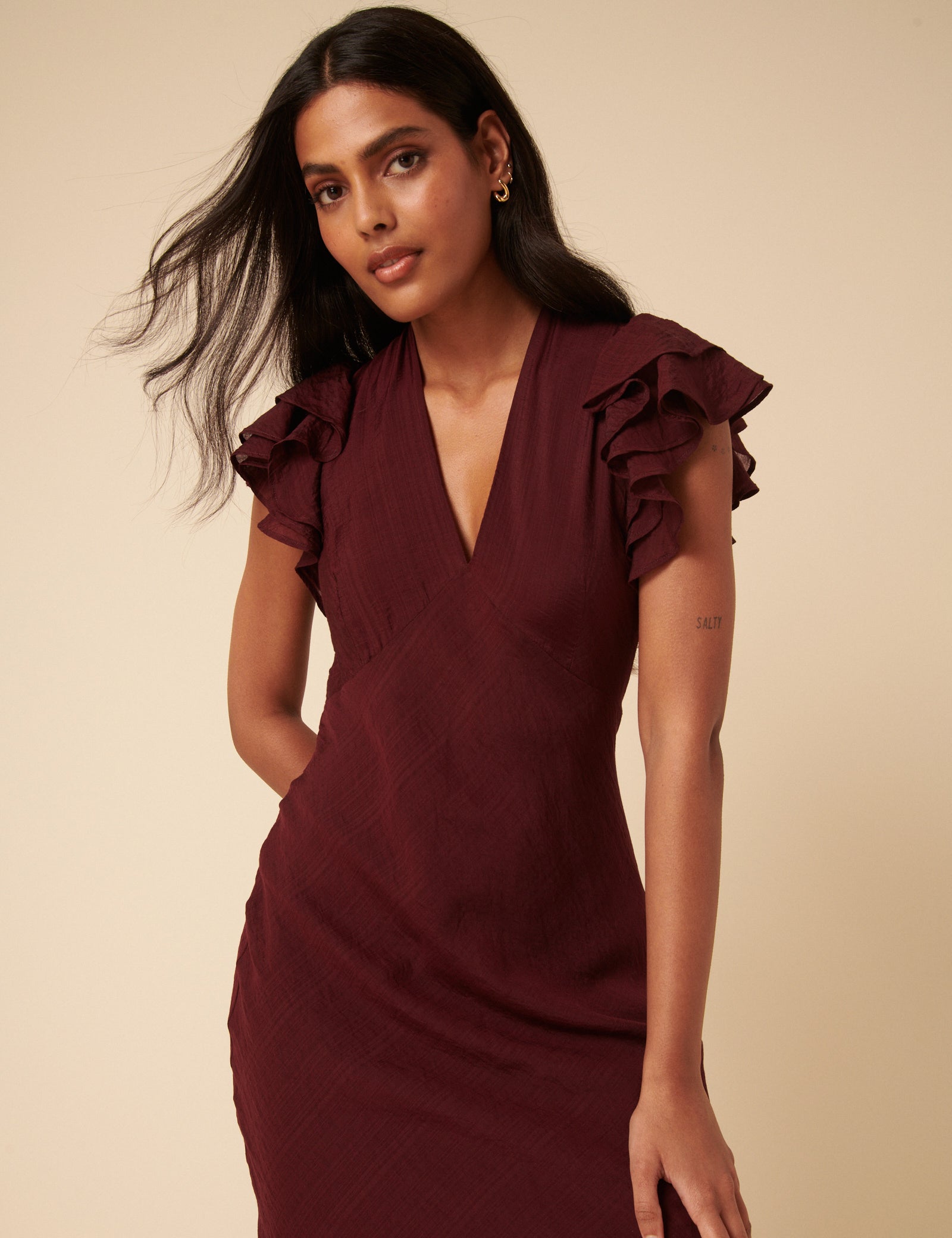 Burgundy Frill Sleeve Layla Midi Dress Burgundy Frill Sleeve Layla Midi Dress