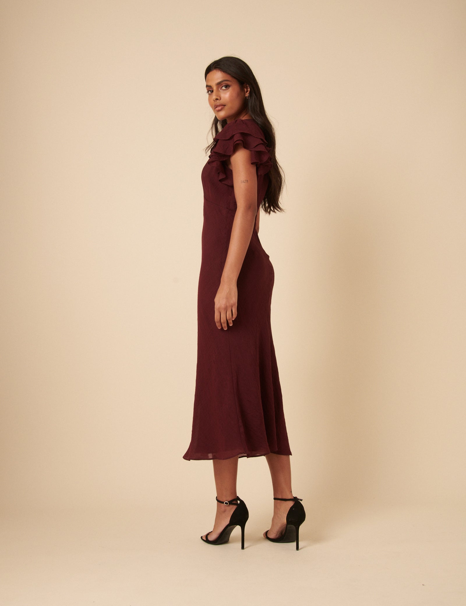 burgundy ruffle midi dress Willa Ruffle Dress in Burgundy