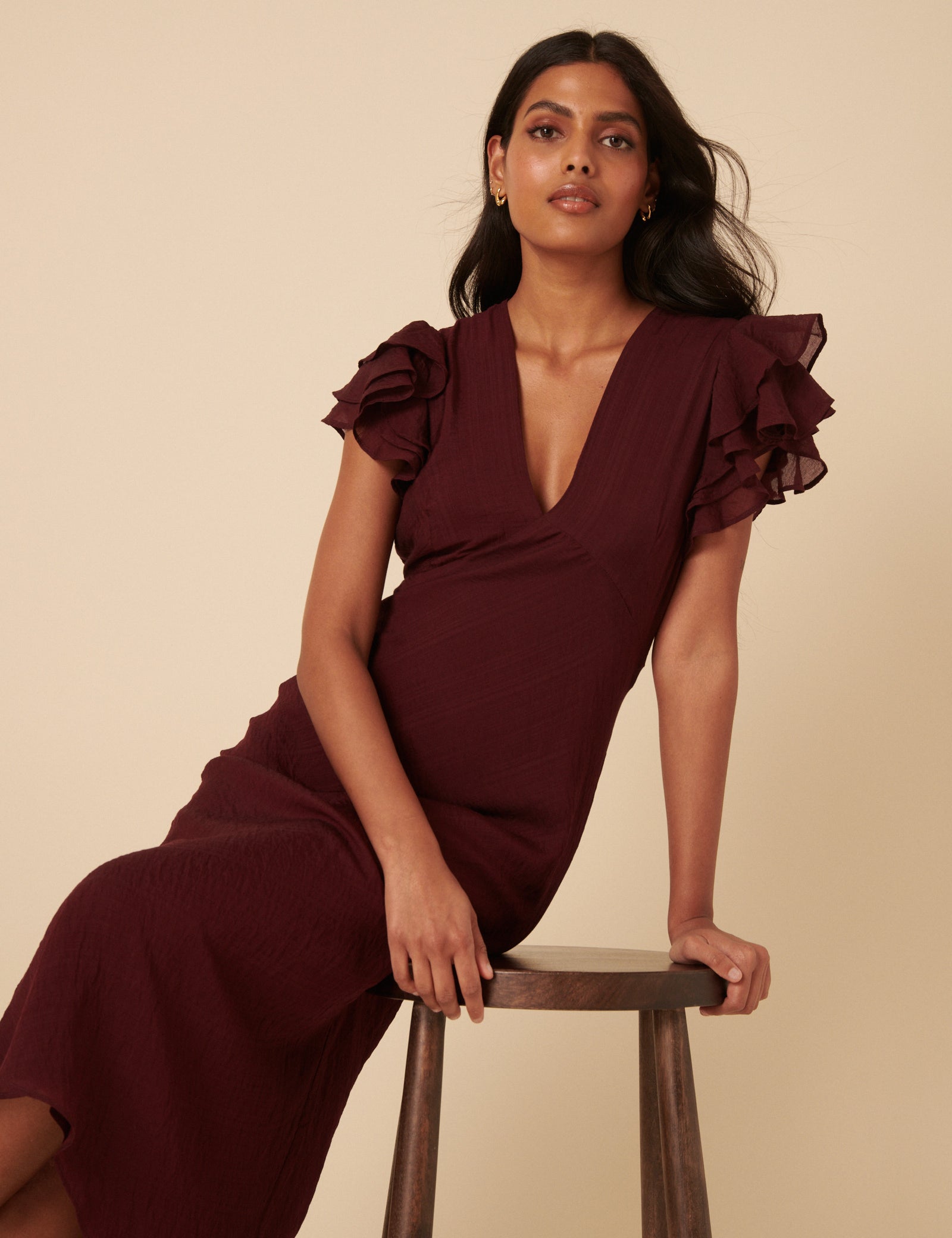 Burgundy Frill Sleeve Layla Midi Dress