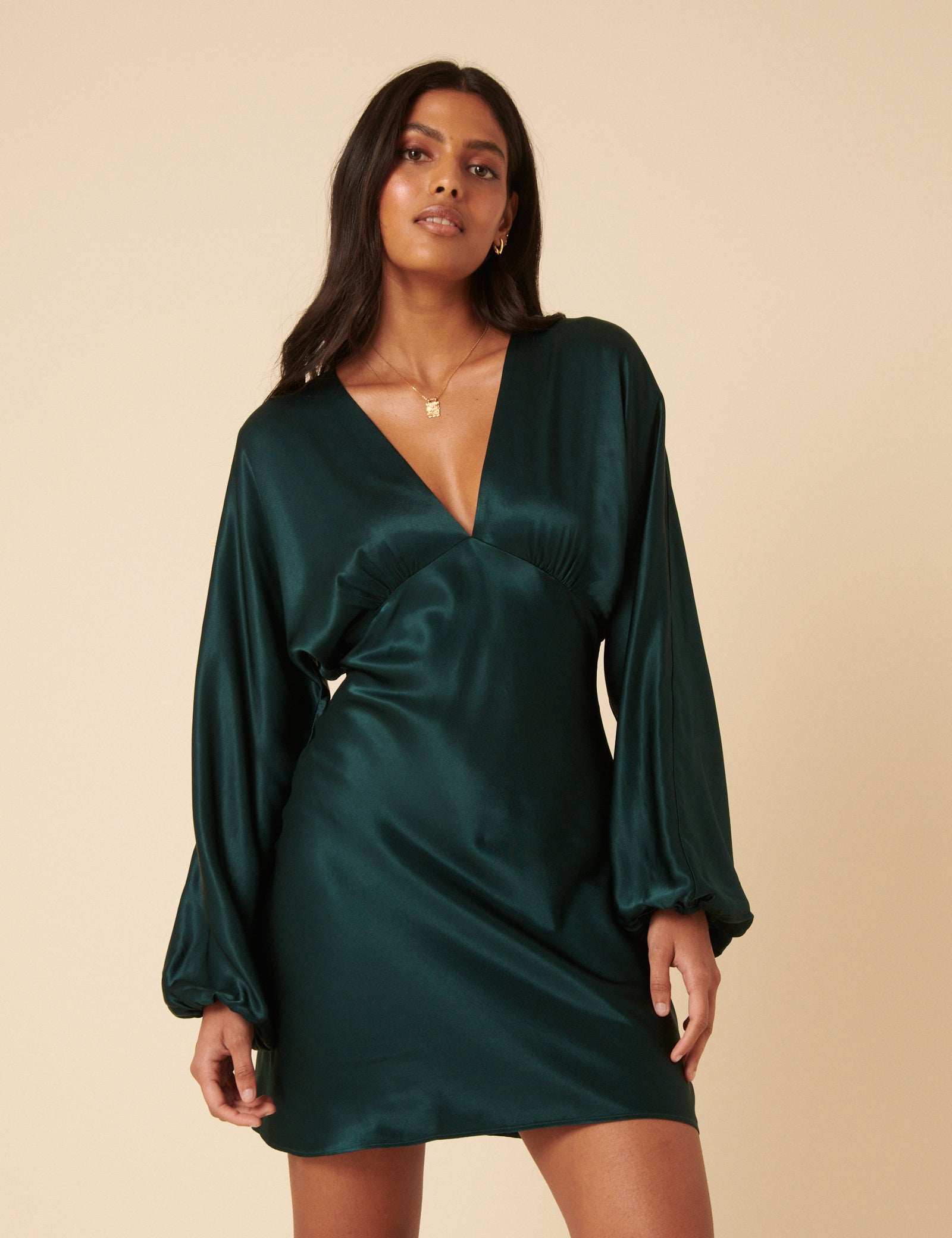 Green Satin Long Sleeve Mini Dress Green Satin Long Sleeve Mini Dress