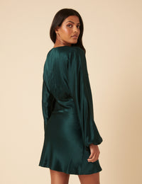 Green Satin Long Sleeve Mini Dress