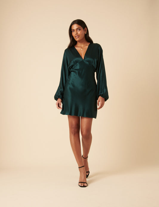 Green Satin Long Sleeve Mini Dress Green Satin Long Sleeve Mini Dress