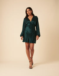 Green Satin Long Sleeve Mini Dress