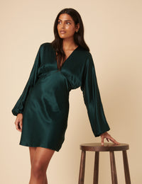 Green Satin Long Sleeve Mini Dress