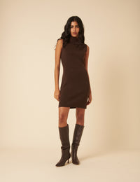 Brown Roll Neck Knitted Mini Dress