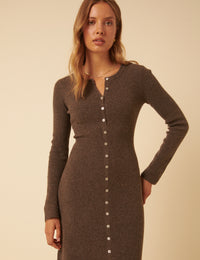 Brown Ribbed Knitted Midi Dress