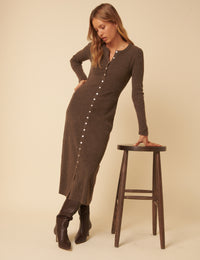 Brown Ribbed Knitted Midi Dress