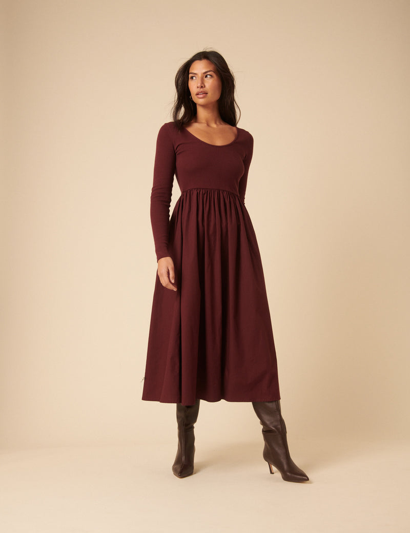 Burgundy Jersey Long Sleeve Skater Midi Dress