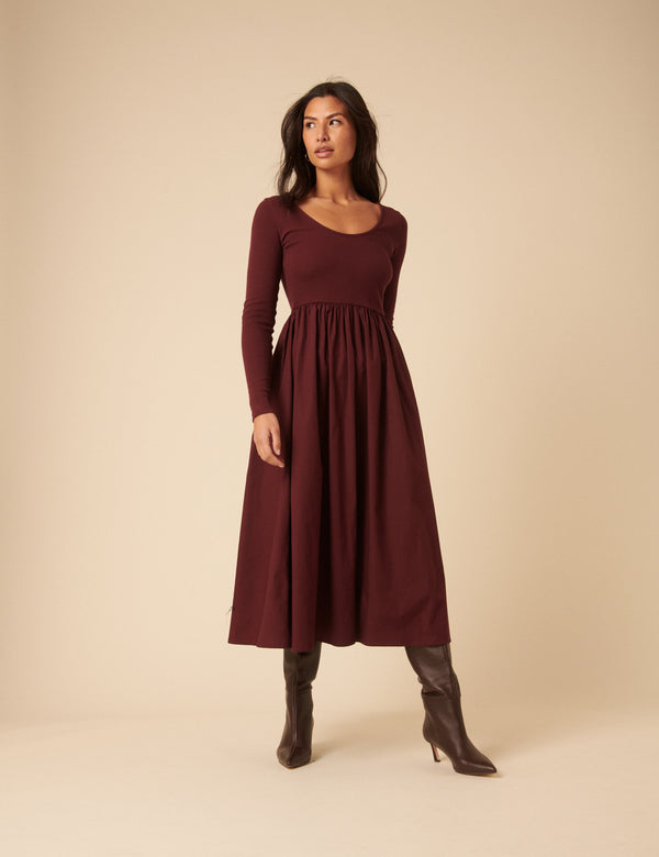 Burgundy Scoop Neck A-Line Midi Dress