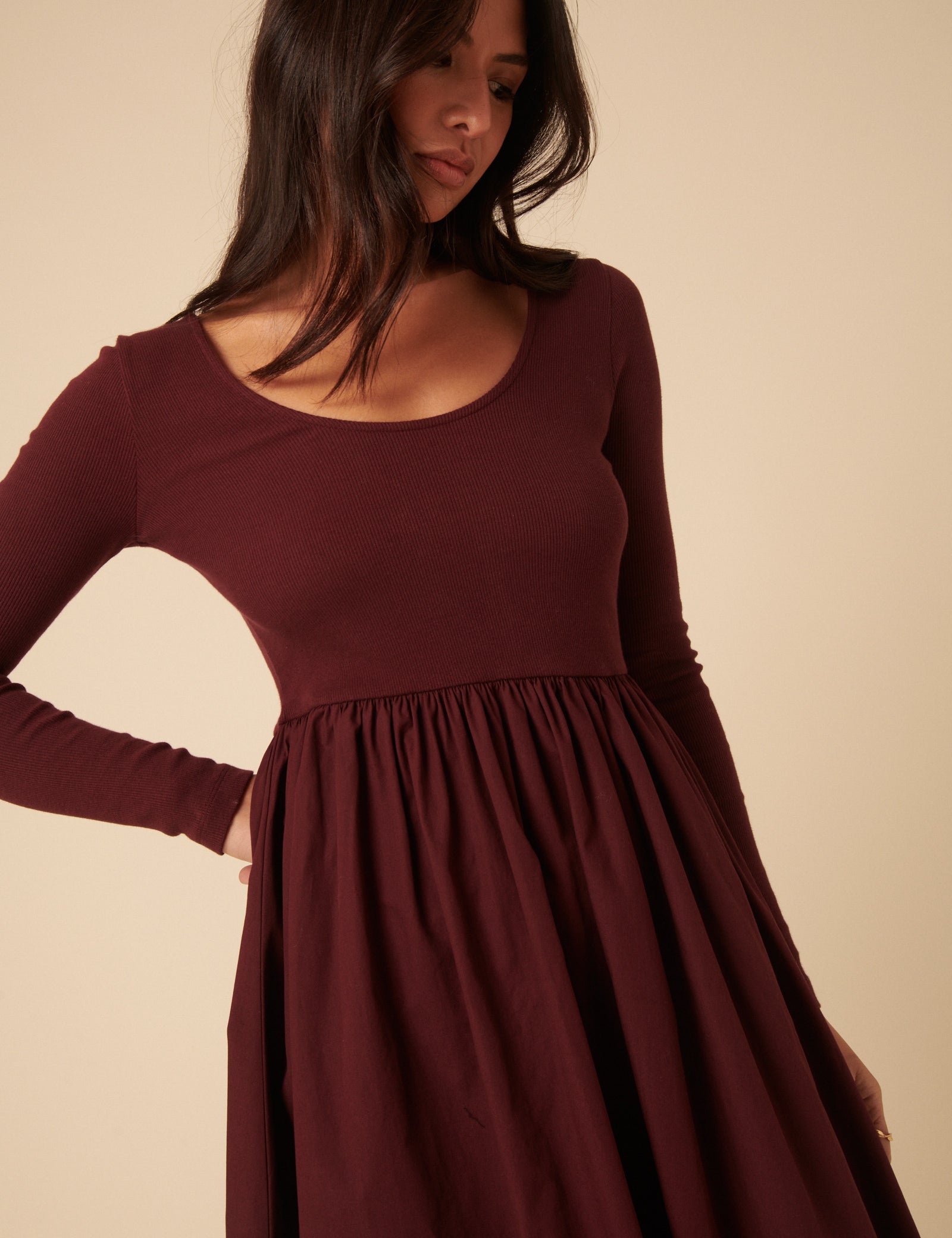 Burgundy Scoop Neck A-Line Midi Dress