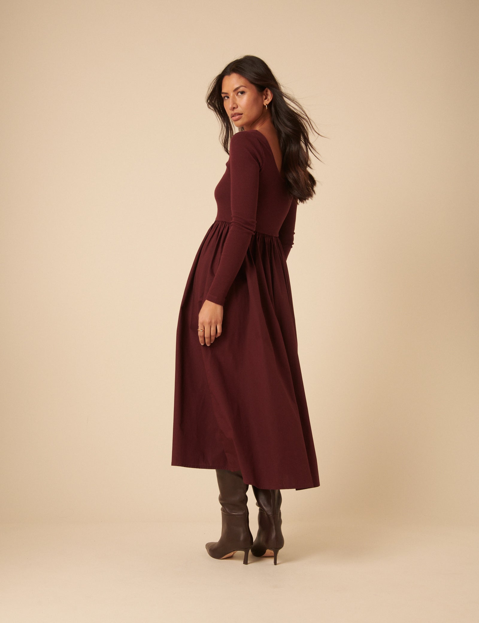 Burgundy Scoop Neck A-Line Midi Dress Burgundy Scoop Neck A-Line Midi Dress