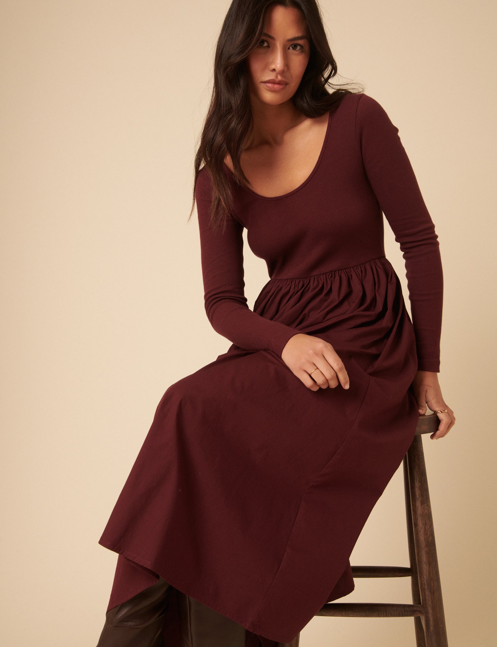 Burgundy Scoop Neck A-Line Midi Dress