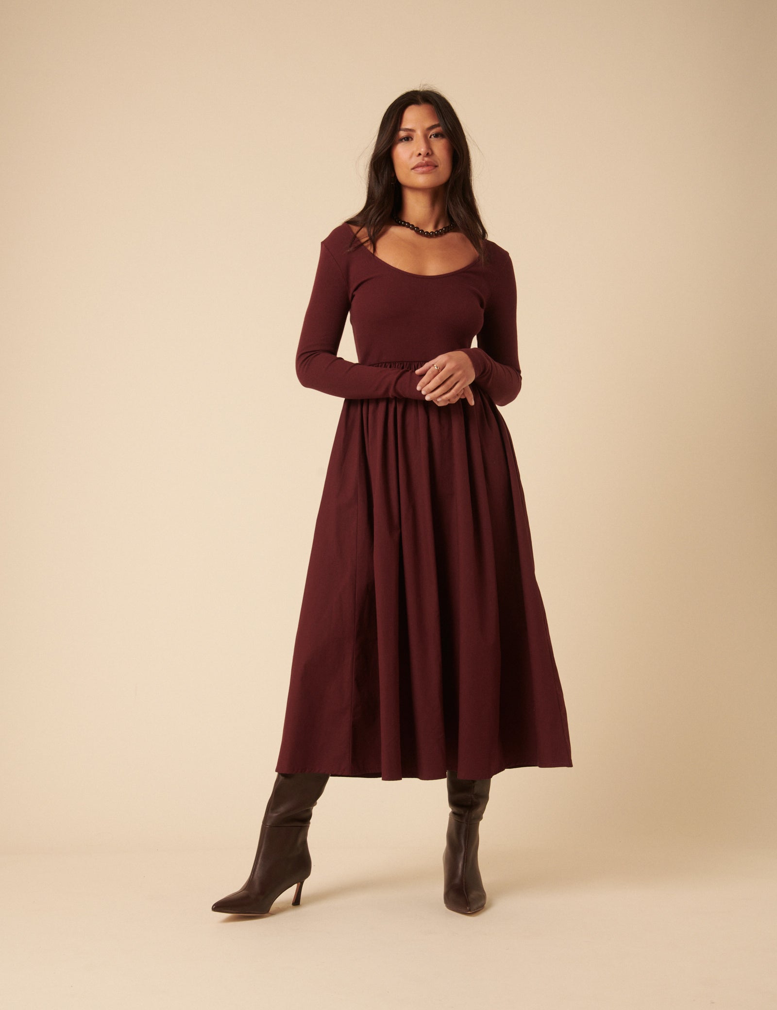 Burgundy Scoop Neck A-Line Midi Dress