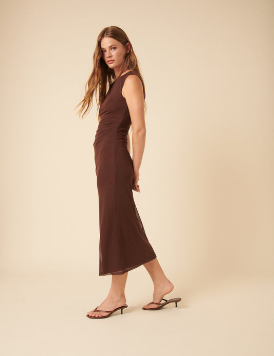 Brown Mesh Ruched Midi Dress Brown Mesh Ruched Midi Dress