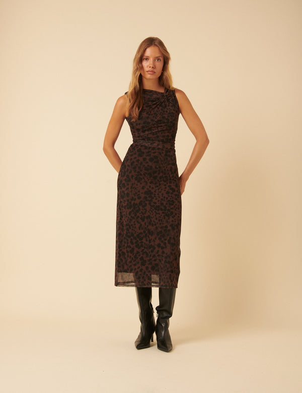 Leopard Print Mesh Morgan Jersey Midi Dress