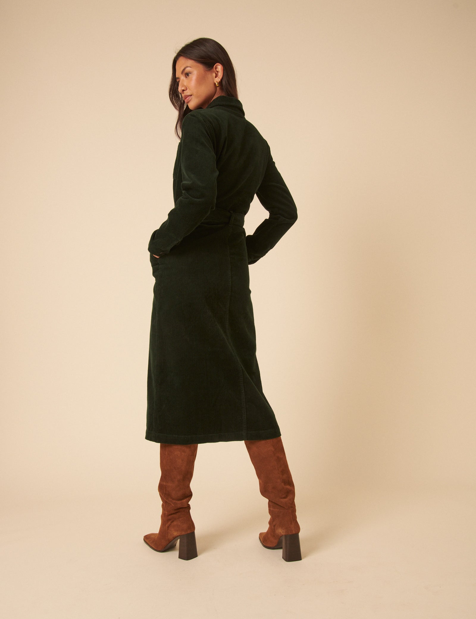 Green Cord Finchley Midi Shirt Dress
