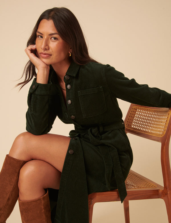 Green Cord Finchley Midi Shirt Dress