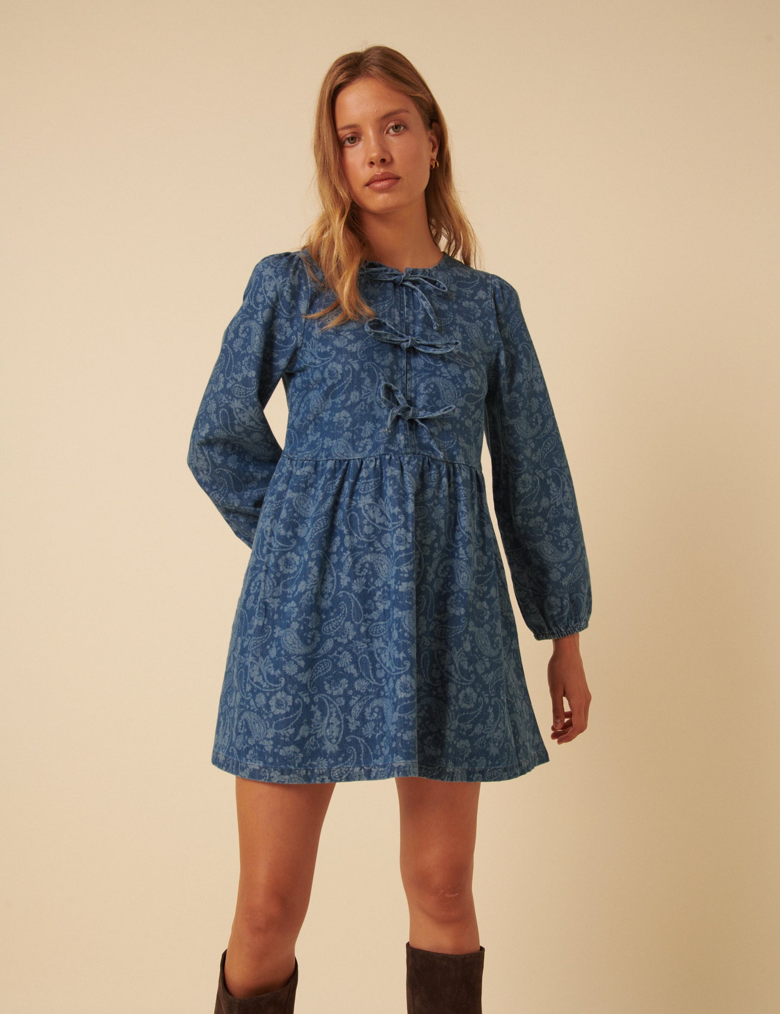 Blue Denim Paisley Eden Mini Dress Blue Denim Paisley Eden Mini Dress
