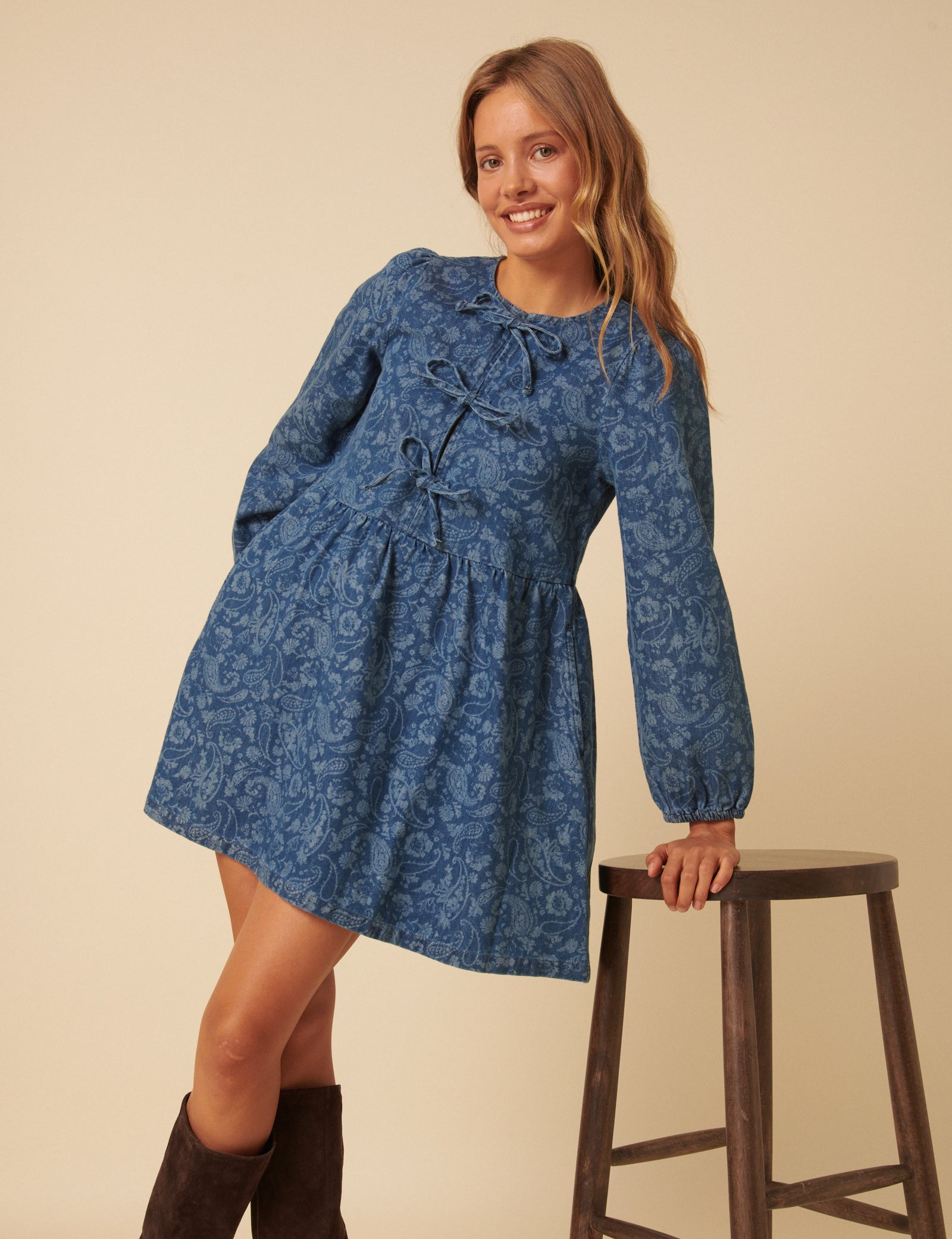 Blue Denim Paisley Eden Mini Dress Blue Denim Paisley Eden Mini Dress