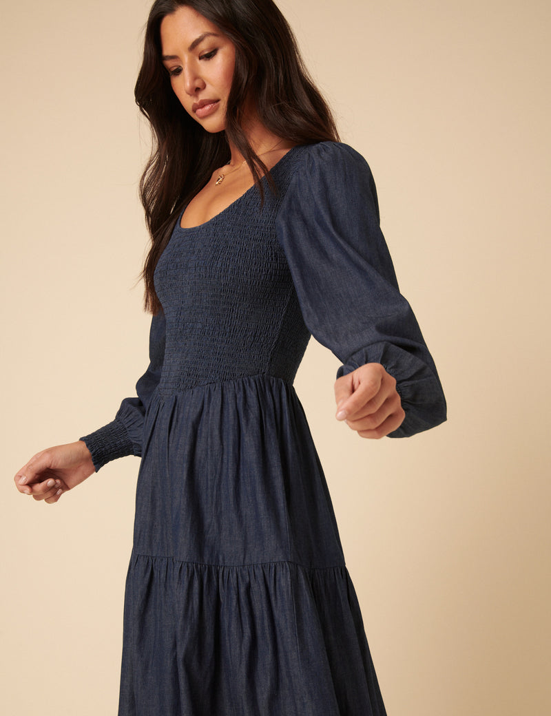 Dark Blue Denim Shirred Tiered Lilly Midi Dress