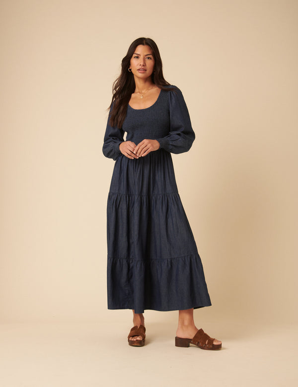 Dark Blue Denim Shirred Tiered Lilly Midi Dress