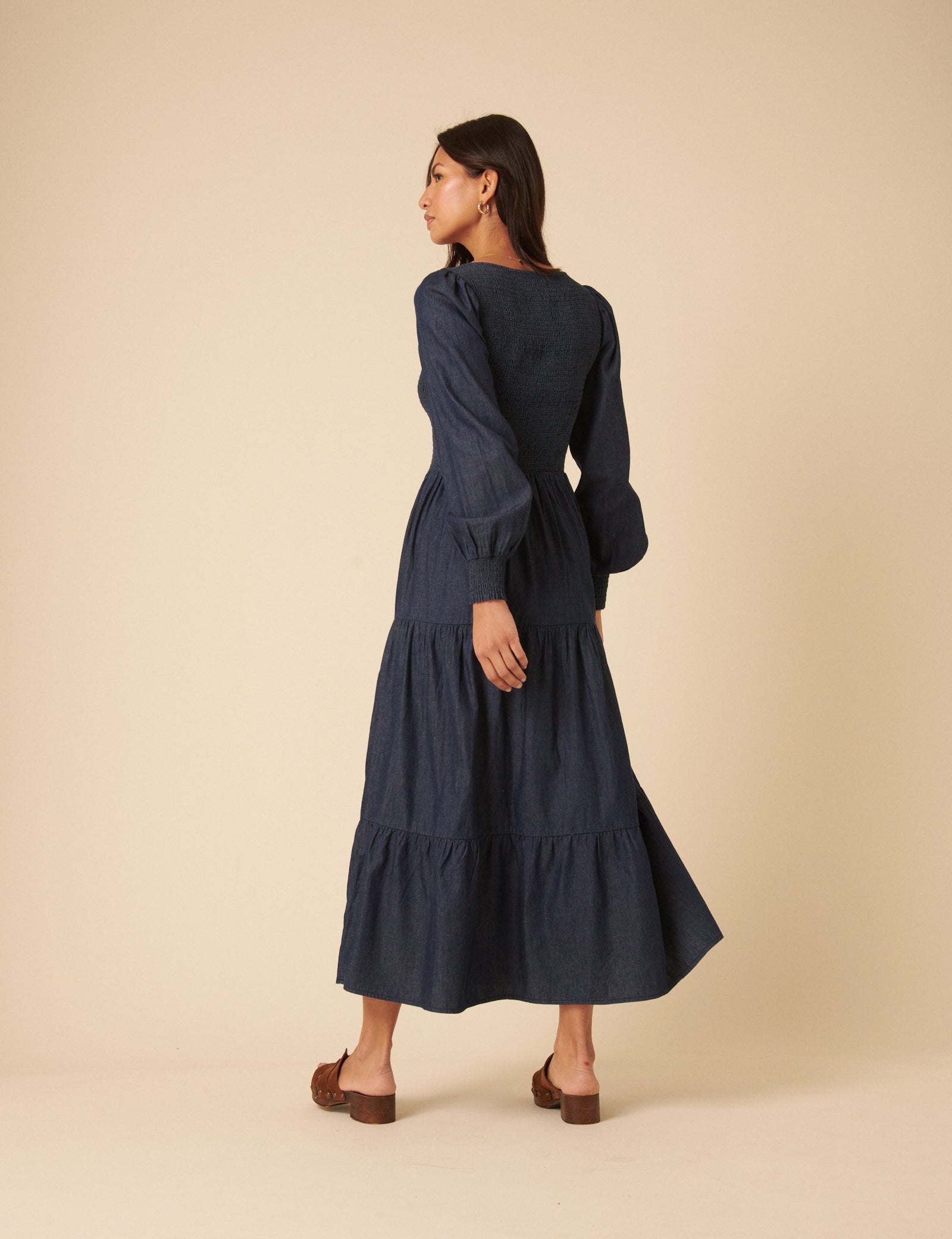 Dark Blue Denim Shirred Tiered Lilly Midi Dress Dark Blue Denim Shirred Tiered Lilly Midi Dress