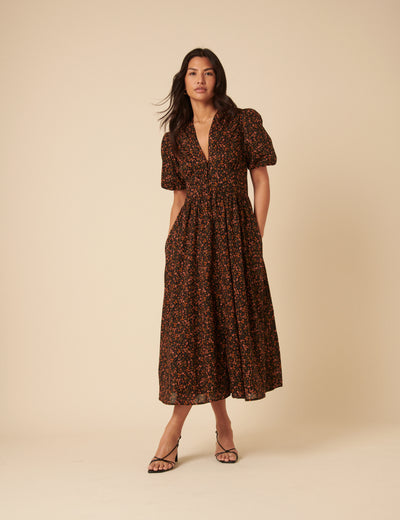 Black Ditsy Foral Starlight Midi Dress