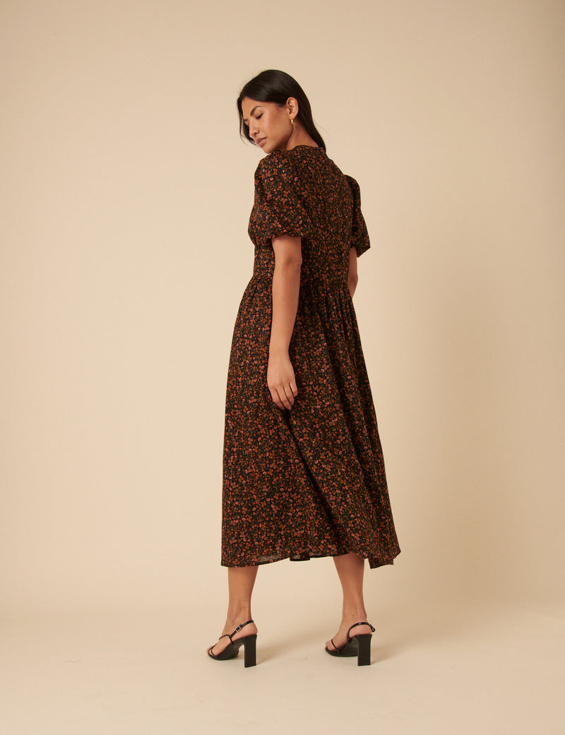 Black Ditsy Foral Starlight Midi Dress