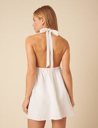 White Floral Embroidered Halterneck Mini Dress