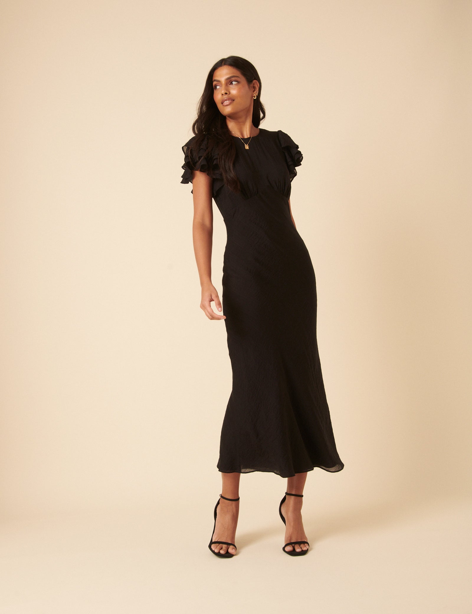 Black Frill Sleeve Lola Midi Dress Black Frill Sleeve Lola Midi Dress