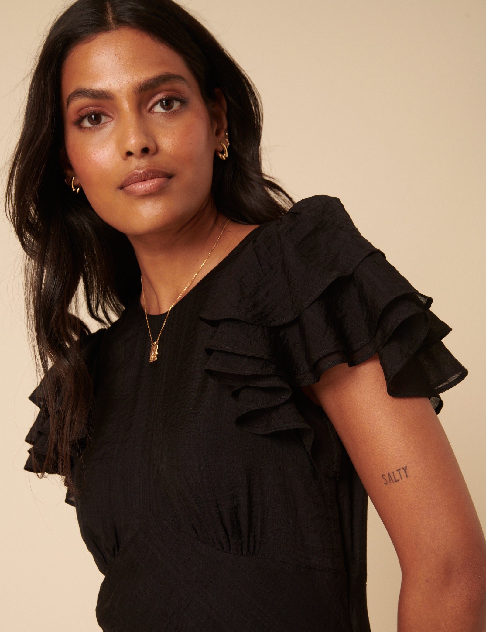 Black Frill Sleeve Lola Midi Dress