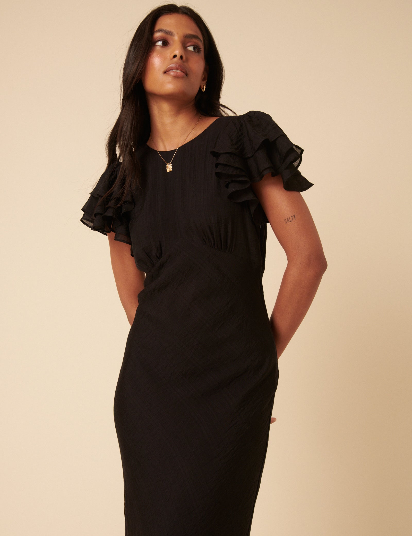 Black Frill Sleeve Lola Midi Dress Black Frill Sleeve Lola Midi Dress